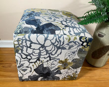 Load image into Gallery viewer, Ottoman Cube with Blue Flower design 17x17x17