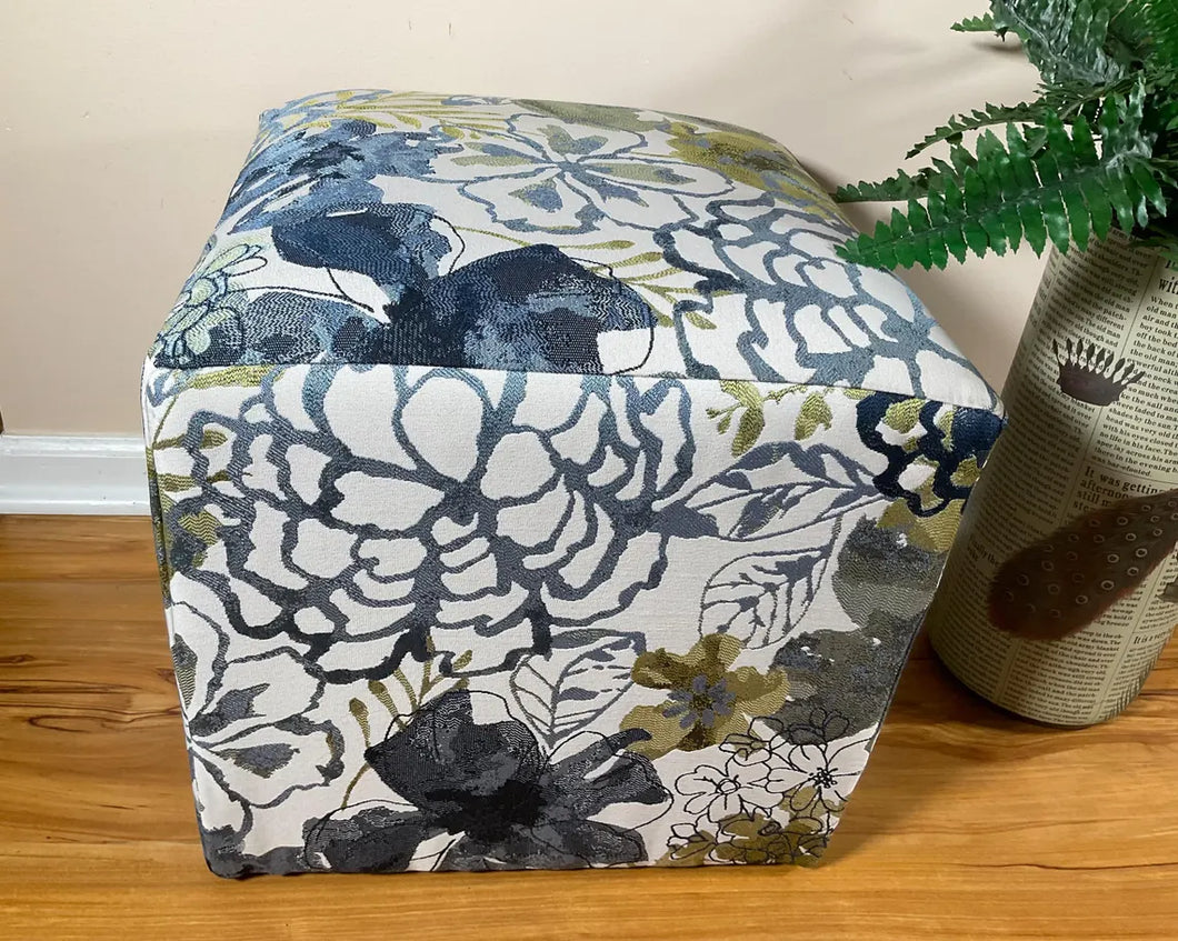 Ottoman Cube with Blue Flower design 17x17x17